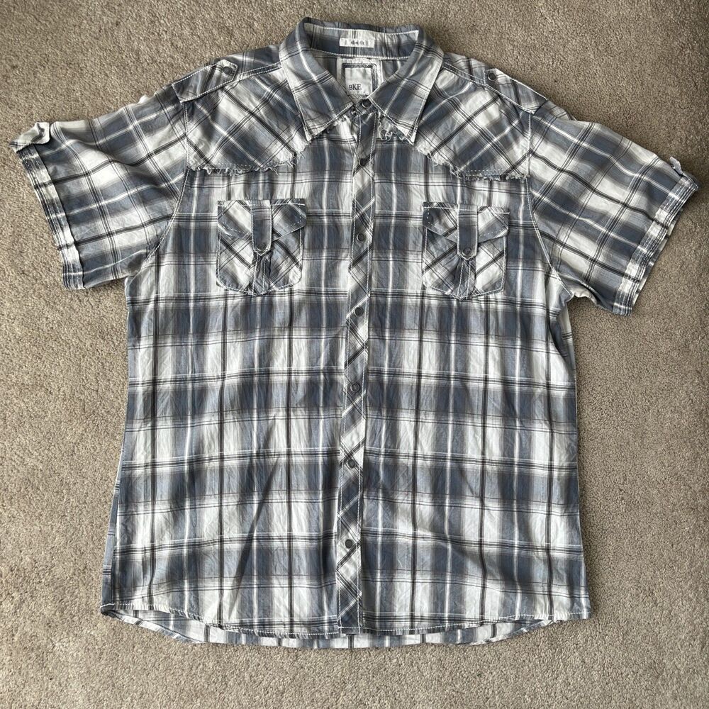 BKE Button Up Shirt Mens XXL Blue Gray Plaid Pearl Snap Western Cowboy Ranch